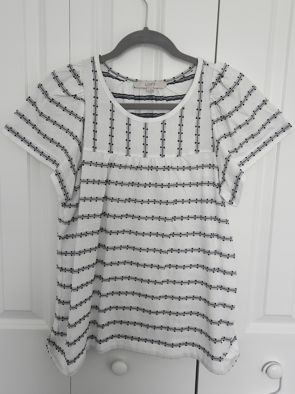 LOFT White Short Sleeve Striped Peplum Top
